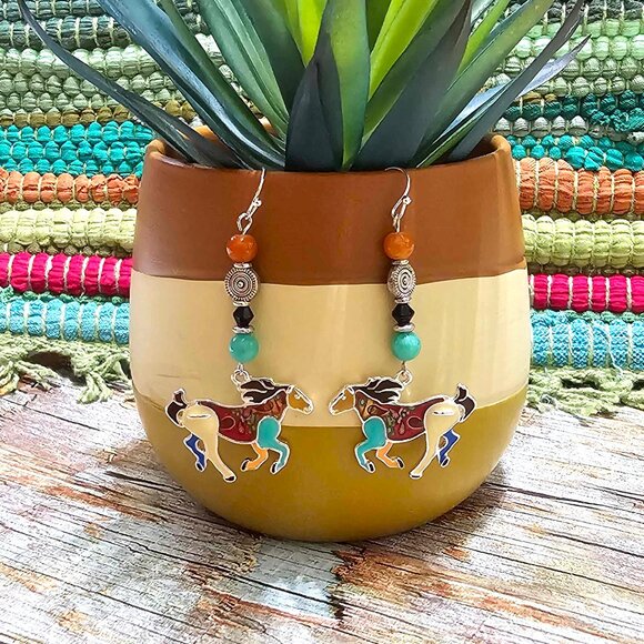 Artisan Hand Crafted Necklace Painted Horses Brown Suede Cord Colorful Beaded - Picture 5 of 12